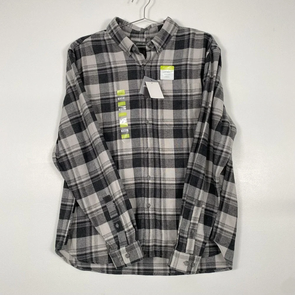 NWT Eddie Bauer Shirt Mens 2XL Gray Plaid Supersoft Stretch Flannel Button Front